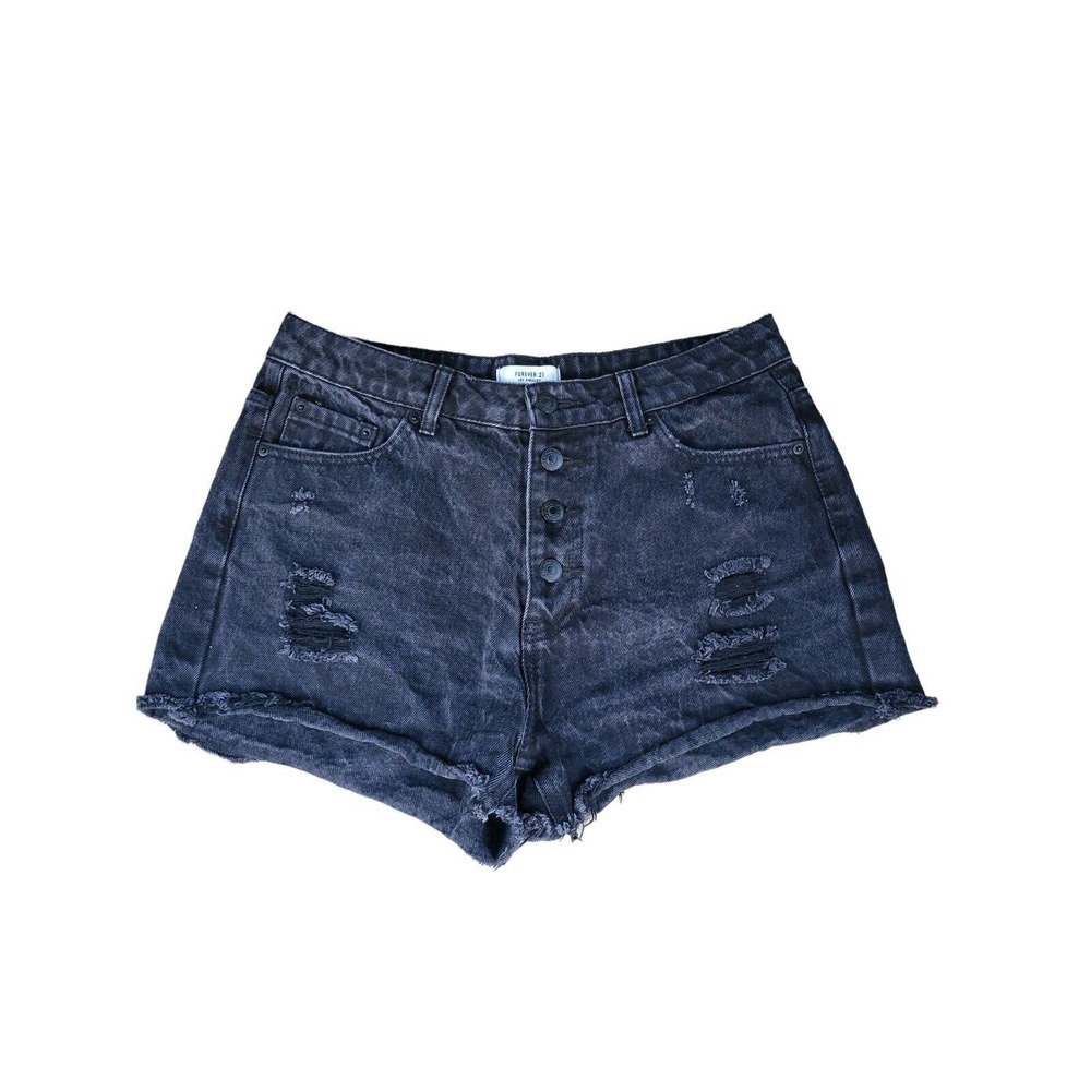 Forever 21 Denim Shorts 28 Womens Button‎ Fly Black Raw Hem Distressed